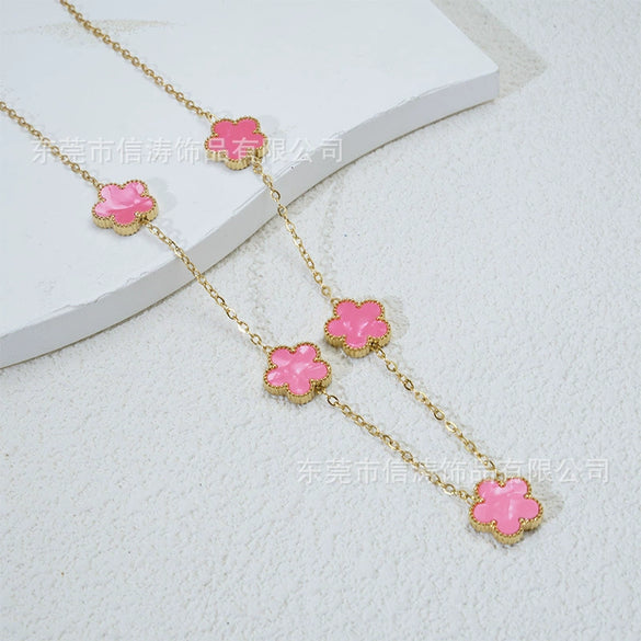 Popular Women's Titanium Steel And Stainless Steel Electroplated Doublesided Fiveleaf Clover Necklace With Motherofpearl And Geometric Design