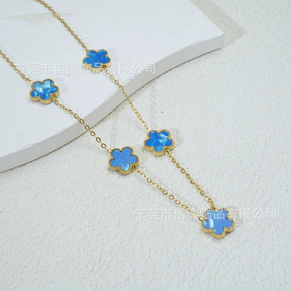 Popular Women's Titanium Steel And Stainless Steel Electroplated Doublesided Fiveleaf Clover Necklace With Motherofpearl And Geometric Design