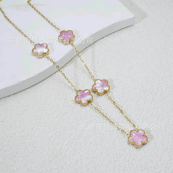 Popular Women's Titanium Steel And Stainless Steel Electroplated Doublesided Fiveleaf Clover Necklace With Motherofpearl And Geometric Design