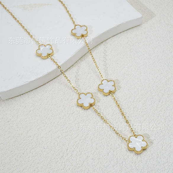 Popular Women's Titanium Steel And Stainless Steel Electroplated Doublesided Fiveleaf Clover Necklace With Motherofpearl And Geometric Design
