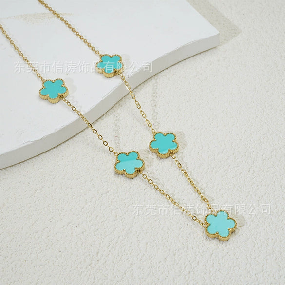 Popular Women's Titanium Steel And Stainless Steel Electroplated Doublesided Fiveleaf Clover Necklace With Motherofpearl And Geometric Design