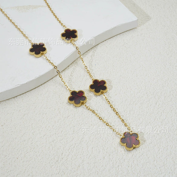 Popular Women's Titanium Steel And Stainless Steel Electroplated Doublesided Fiveleaf Clover Necklace With Motherofpearl And Geometric Design