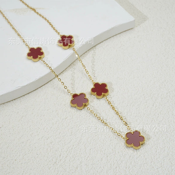 Popular Women's Titanium Steel And Stainless Steel Electroplated Doublesided Fiveleaf Clover Necklace With Motherofpearl And Geometric Design