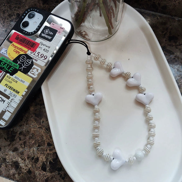 Portable Iphone Mobile Phone Chain Handmade Jewelry Resin Plastic Heart With Colorful Stripes Love Water Drops Bell Pattern For Girls