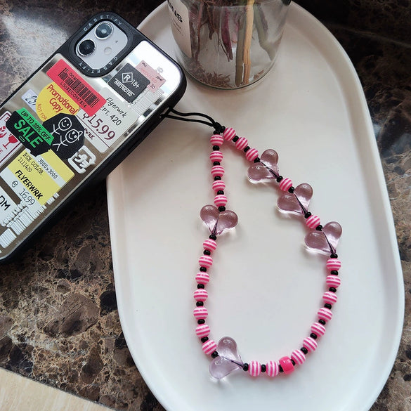 Portable Iphone Mobile Phone Chain Handmade Jewelry Resin Plastic Heart With Colorful Stripes Love Water Drops Bell Pattern For Girls