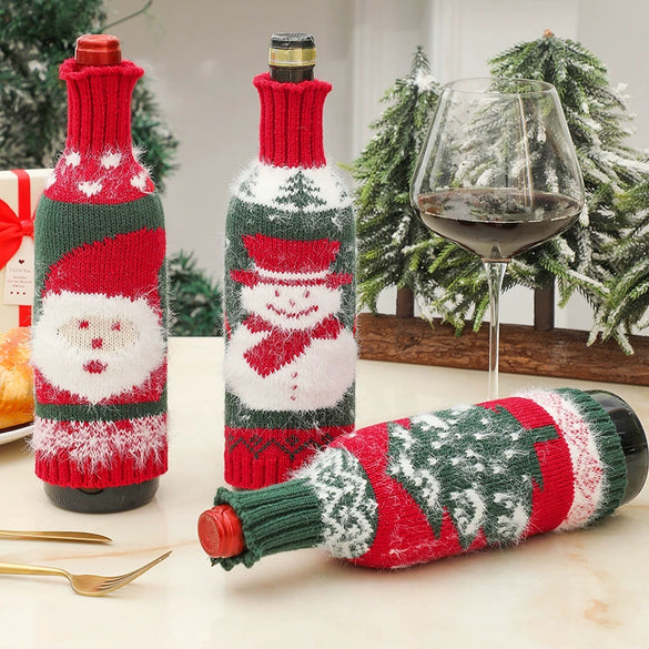 Premium Mink Wool Knitted Christmas Wine Bottle Cover Set With Santa Claus Snowman And Christmas Tree Designs