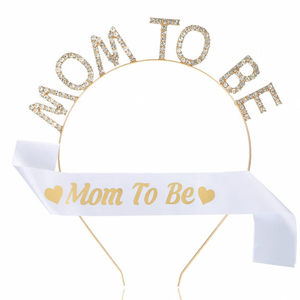 Premother Party Headwear Ribbon Set Crystal Headband Shoulder Strap Twopiece Set Simple Style Lake Blue