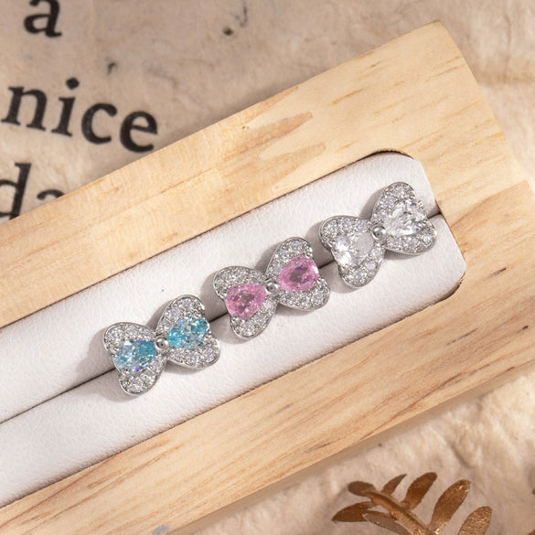 Princess Bow Titanium Steel Inlaid Zircon Earrings For Girls