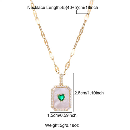 Princess Cute Commute Heart Shape Rectangle Stainless Steel Brass 18k Gold Plated Shell Zircon Pendant Necklace In Bulk