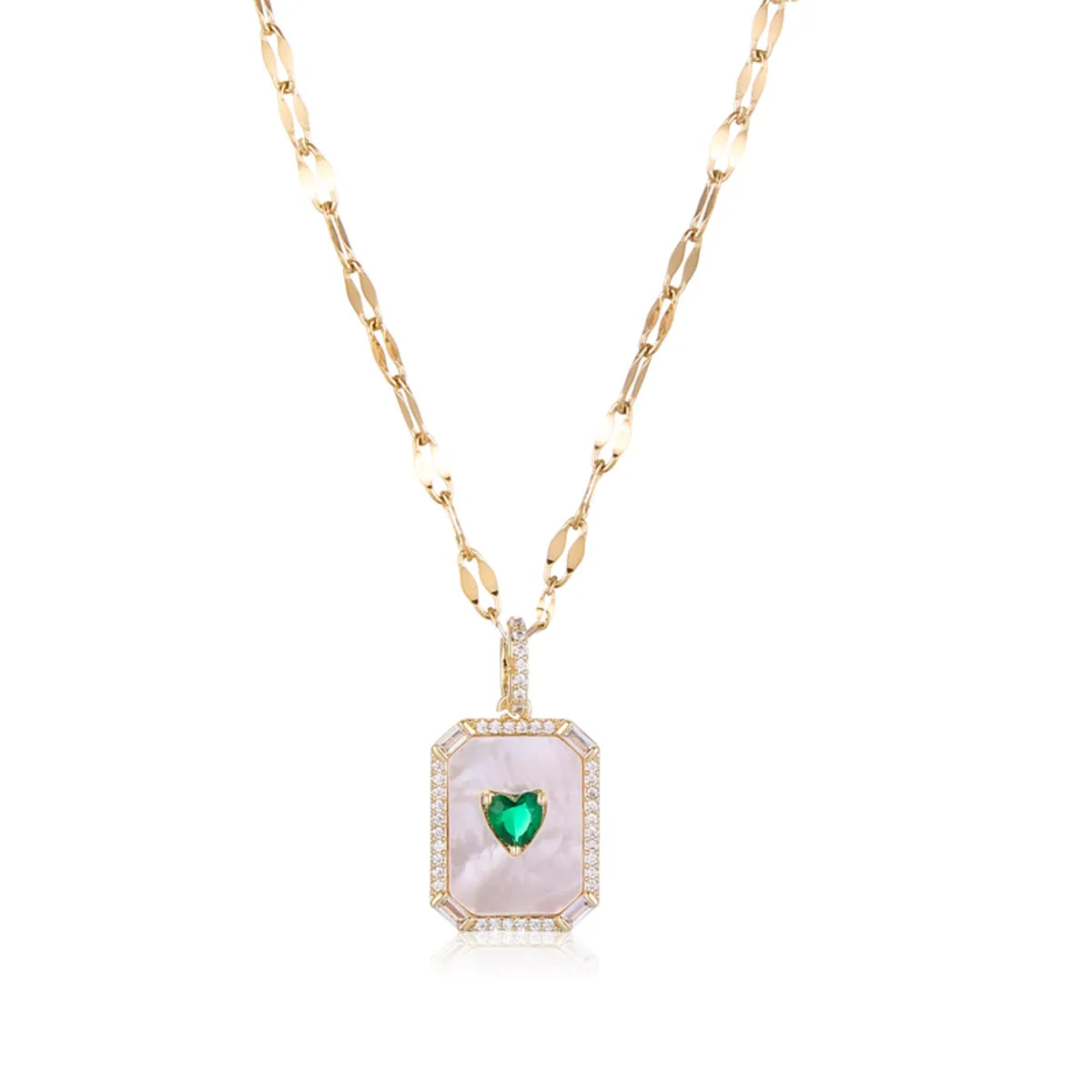 Princess Cute Commute Heart Shape Rectangle Stainless Steel Brass 18k Gold Plated Shell Zircon Pendant Necklace In Bulk