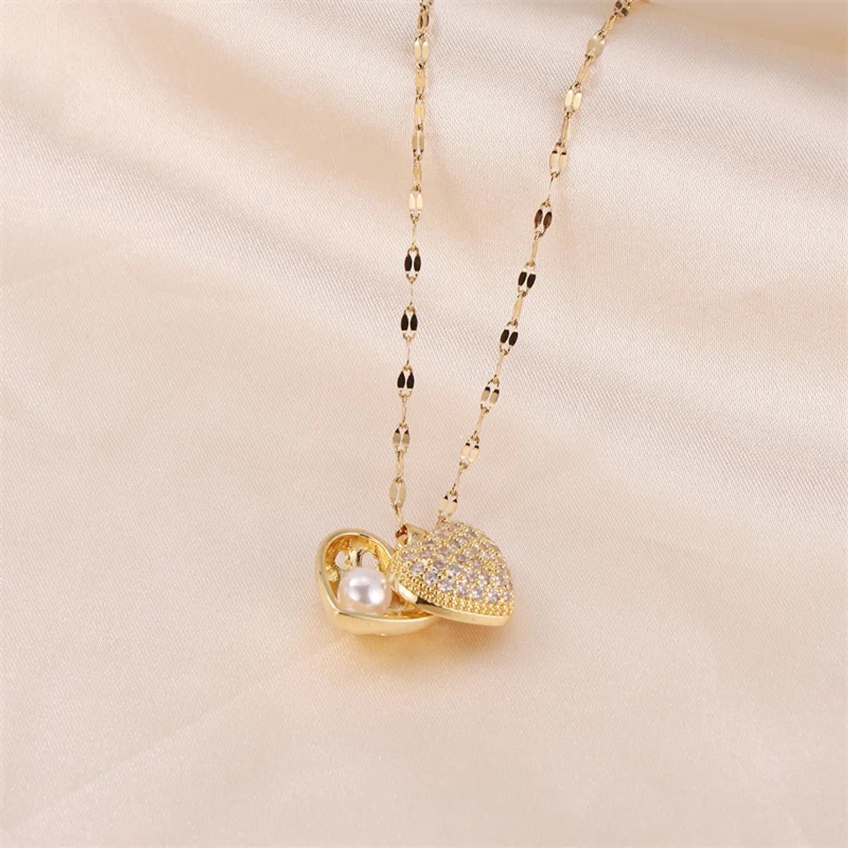 Princess Cute Commute Heart Shape Stainless Steel Brass Plating Inlay Zircon 18k Gold Plated Pendant Necklace