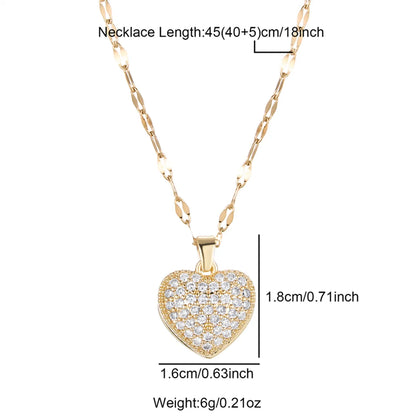 Princess Cute Commute Heart Shape Stainless Steel Brass Plating Inlay Zircon 18k Gold Plated Pendant Necklace