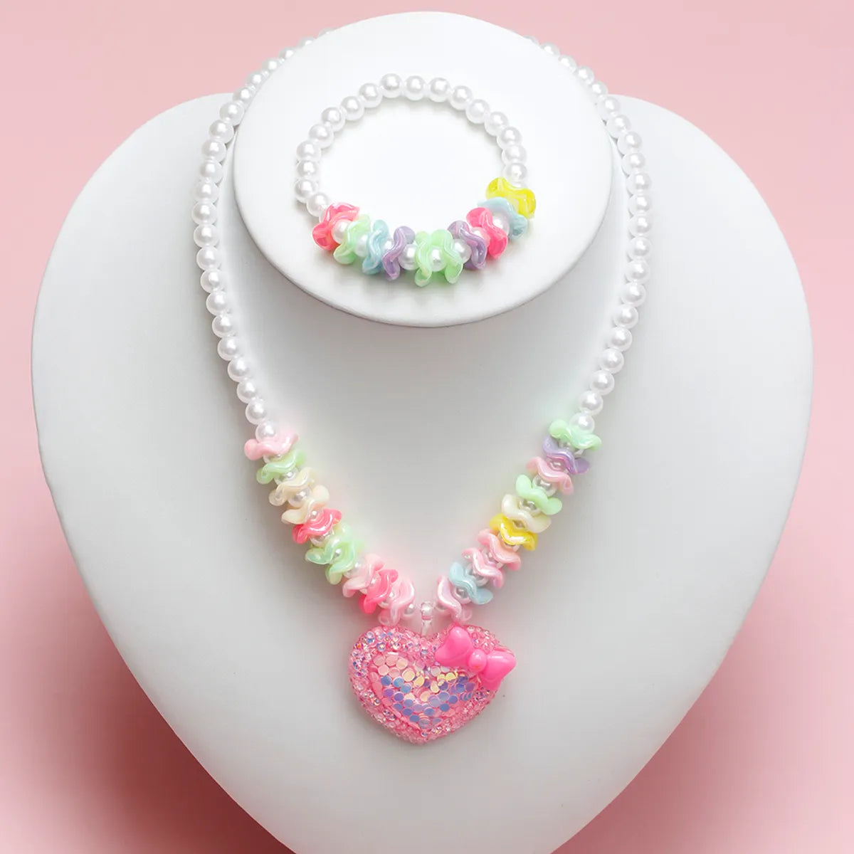 Princess Cute Heart Shape Bow Knot Beaded Arylic Resin Girl's Bracelets Necklace