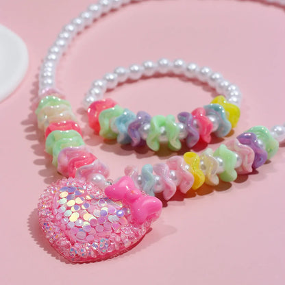 Princess Cute Heart Shape Bow Knot Beaded Arylic Resin Girl's Bracelets Necklace