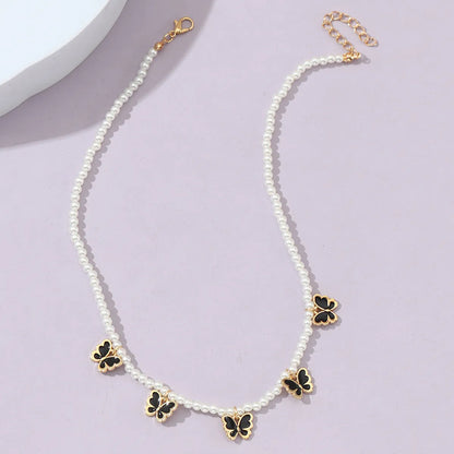 Princess Cute Sweet Butterfly Artificial Pearl Alloy Beaded Girl's Pendant Necklace