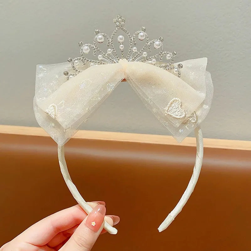 Princess Elegant Crown Headwear Little Girl'S Mesh Bow Pearl Headband Pleated Lace Embroidered Headband Hair Card