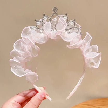 Princess Elegant Crown Headwear Little Girl'S Mesh Bow Pearl Headband Pleated Lace Embroidered Headband Hair Card