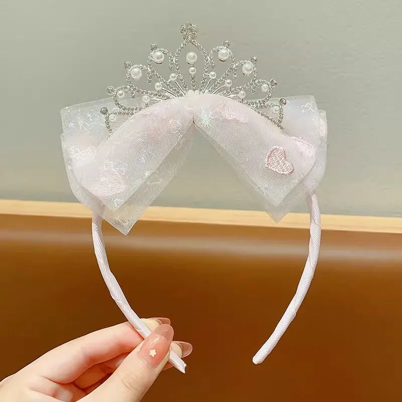 Princess Elegant Crown Headwear Little Girl'S Mesh Bow Pearl Headband Pleated Lace Embroidered Headband Hair Card