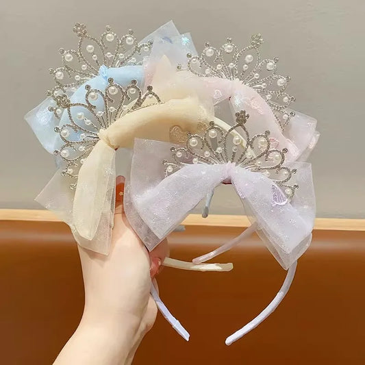 Princess Elegant Crown Headwear Little Girl'S Mesh Bow Pearl Headband Pleated Lace Embroidered Headband Hair Card