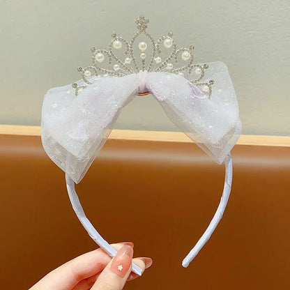 Princess Elegant Crown Headwear Little Girl'S Mesh Bow Pearl Headband Pleated Lace Embroidered Headband Hair Card