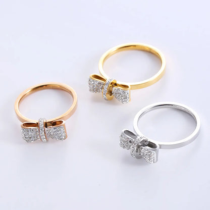 Princess Romantic Bow Knot Stainless Steel Plating Inlay Rhinestones 18k Gold Plated Rose Gold Plated Rings