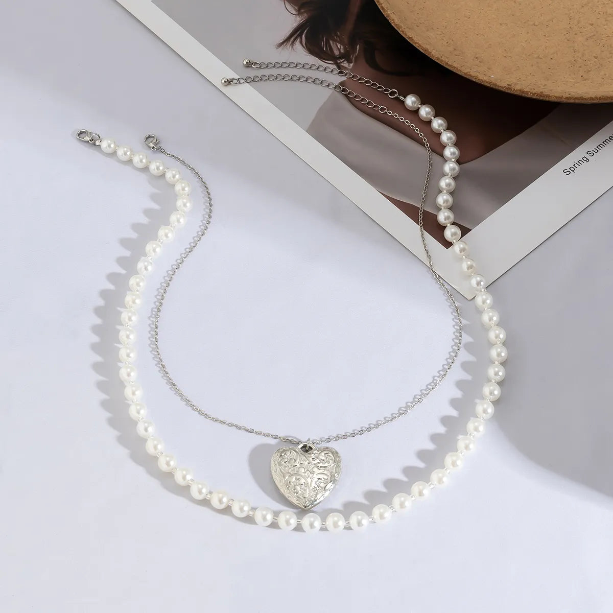 Princess Simple Style Cool Style Heart Shape Imitation Pearl Alloy Copper Women'S Pendant Necklace