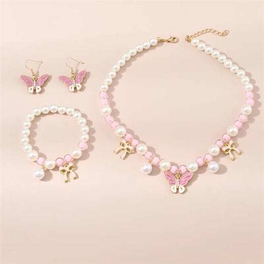 Princess Sweet Butterfly Bow Knot Artificial Pearl Beaded Girl'S Bracelets Earrings Necklace