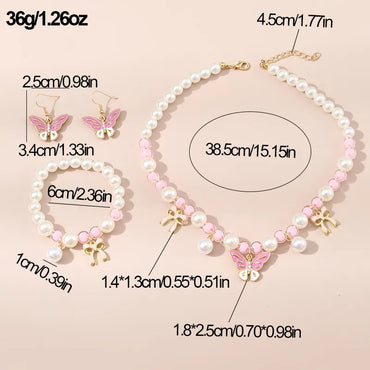 Princess Sweet Butterfly Bow Knot Artificial Pearl Beaded Girl'S Bracelets Earrings Necklace