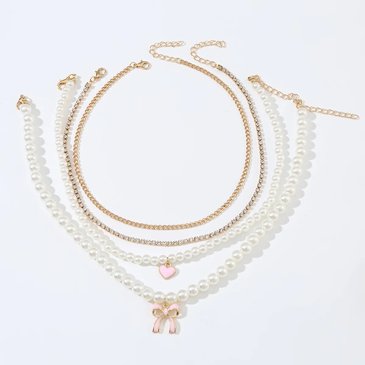 Princess Sweet Heart Shape Bow Knot Artificial Pearl Alloy Beaded Plating Inlay Rhinestones Girl'S Necklace