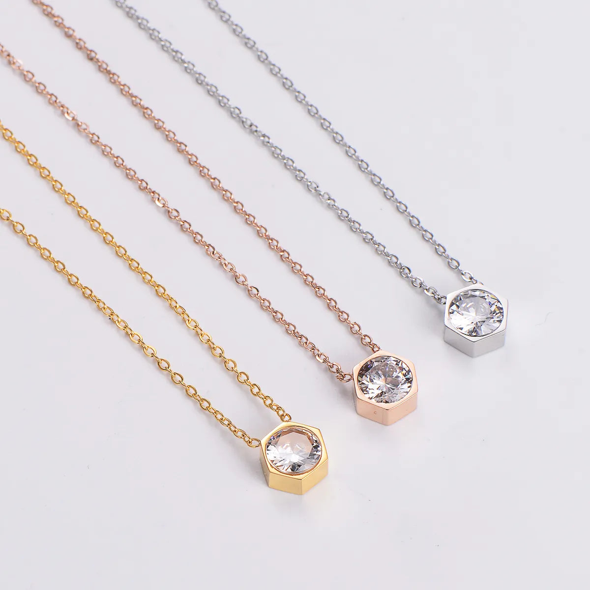 Princess Wedding Shiny Hexagon Stainless Steel Plating Inlay Zircon 18k Gold Plated Pendant Necklace