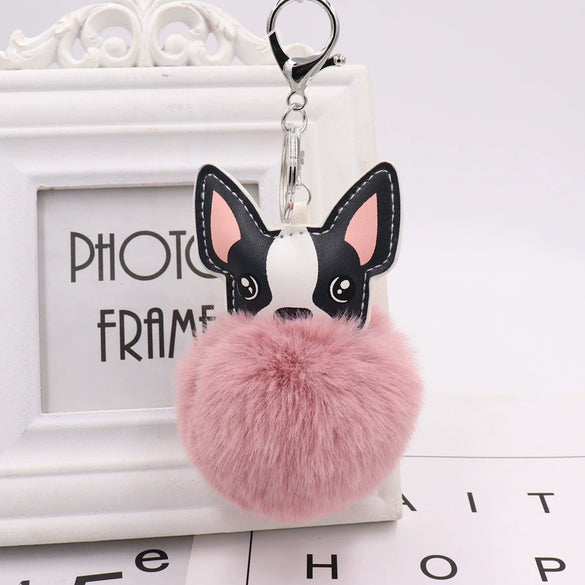 Pu Leather And Plush Puppy Fur Ball Keychain For Car Pendant And Promotional Gifts