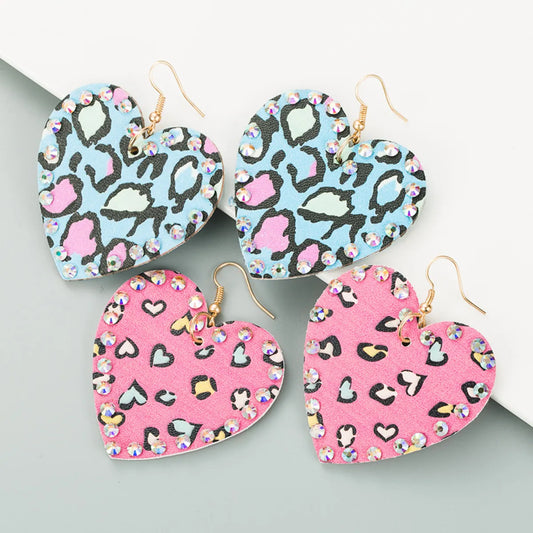 Pu Leather Double-sided Heart-shaped Rhinestones Long Earrings