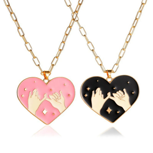 Pull Hook Sweet Heart Couple Black Pink Pendant Necklace Set