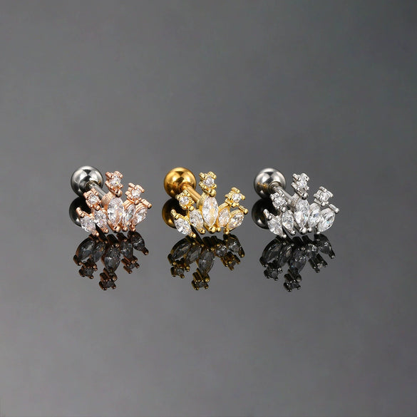 Puncture Stud Earrings Copper Inlaid Zircon Crown Shape Electroplated