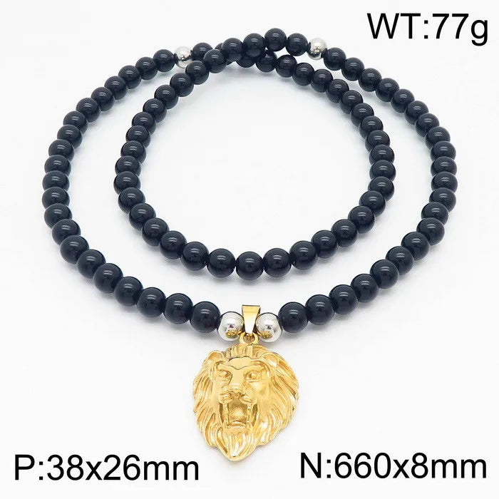 Punk Animal Lion Agate Titanium Steel Beaded Plating 18K Gold Plated Men'S