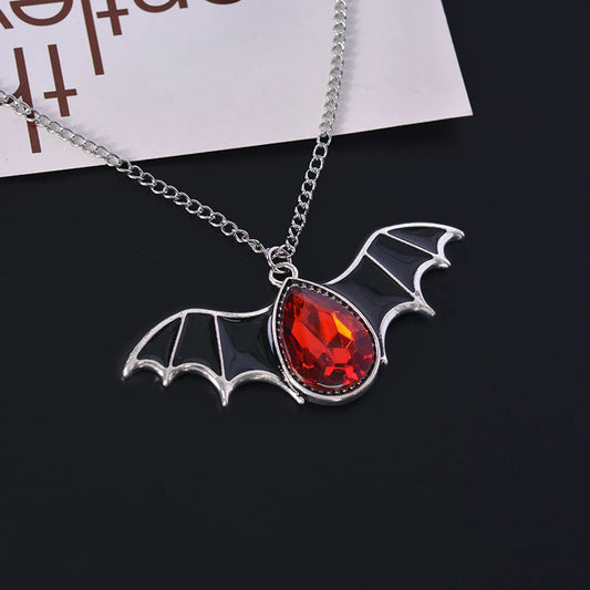 Punk Bat Alloy Enamel Plating Inlay Artificial Gemstones Silver Plated Unisex Pendant Necklace