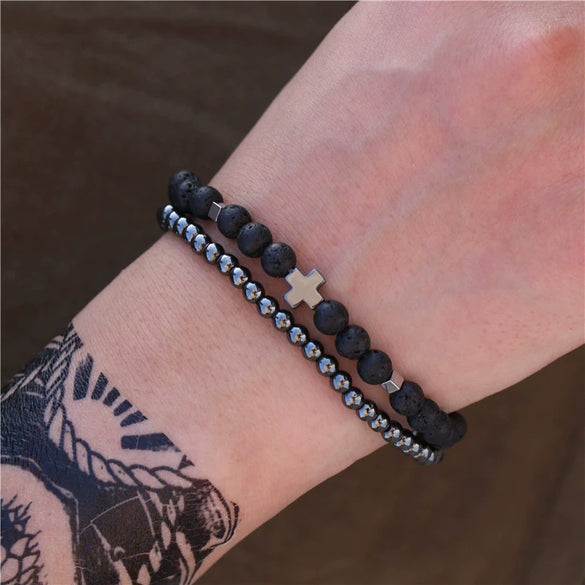 Punk Bracelet Copper Inlaid With Zircon Volcanic Stone Ball Skull Handmade Unisex
