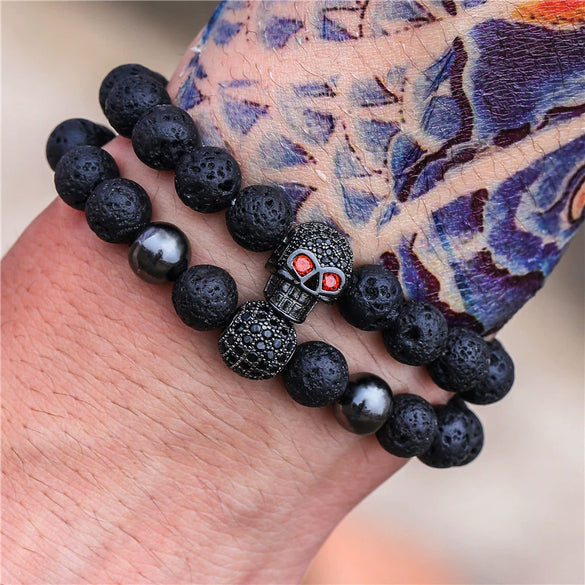 Punk Bracelet Copper Inlaid With Zircon Volcanic Stone Ball Skull Handmade Unisex