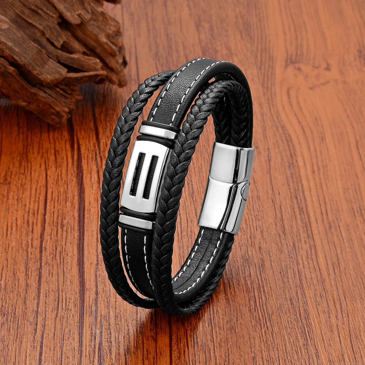 Punk Classic Style Geometric Leather Rope Metal Layered Men'S Bracelets