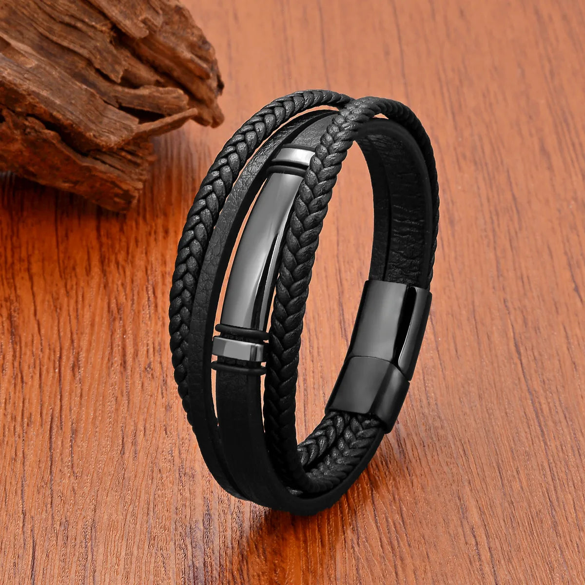 Punk Classic Style Solid Color Leather Rope Metal Layered Women'S Men'S Bracelets