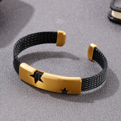 Punk Cool Style Pentagram Stainless Steel 18K Gold Plated Men'S Cuff Bracelets