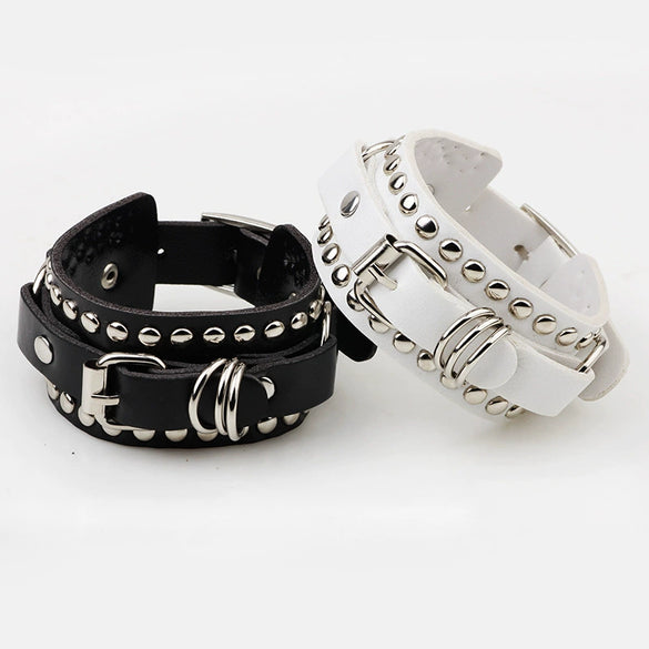 Punk Couple Jewelry Artificial Leather Belt Bracelet With Rivet And Geometric Design Electroplated