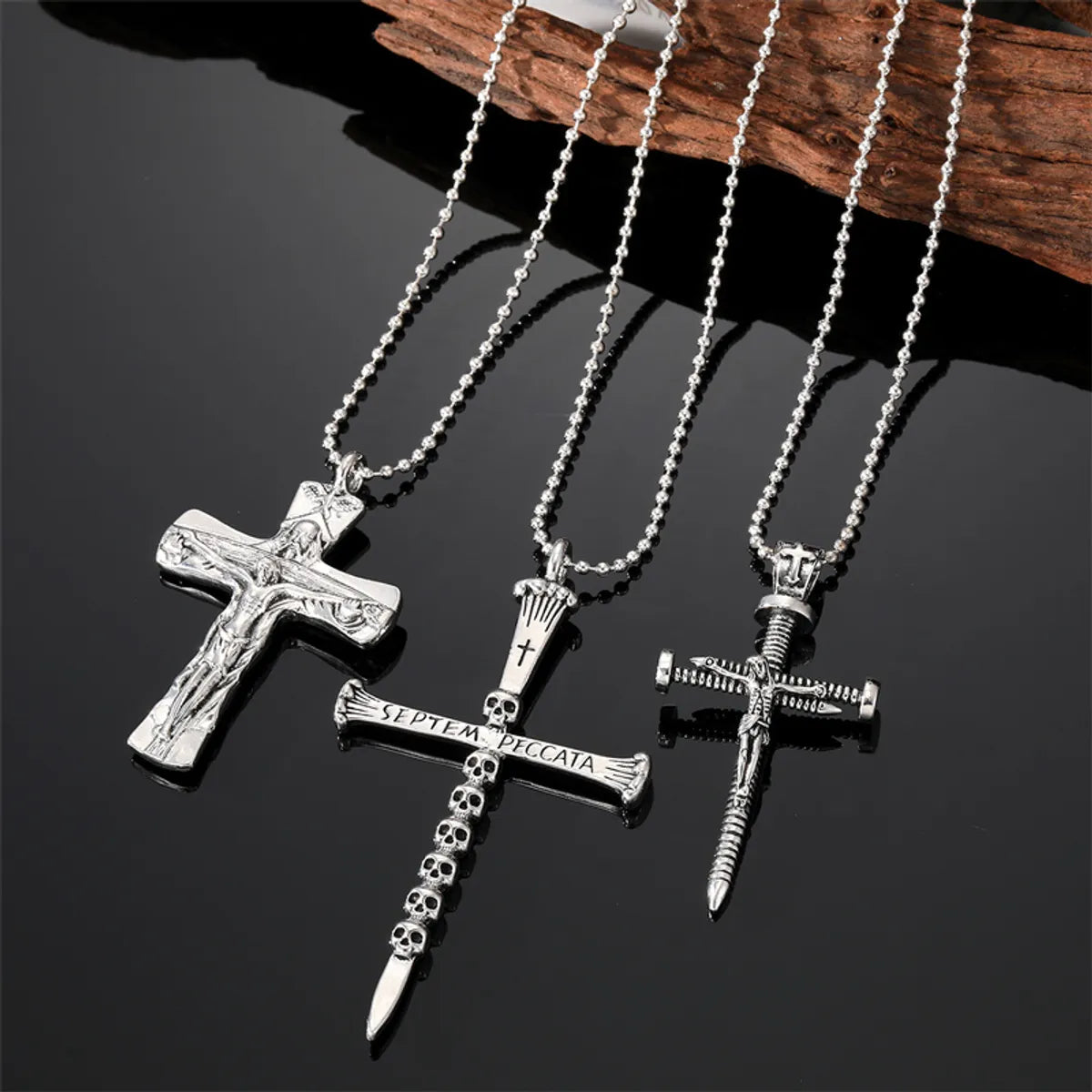 Punk Cross Nail Skull Alloy Titanium Steel Carving Men'S Pendant Necklace