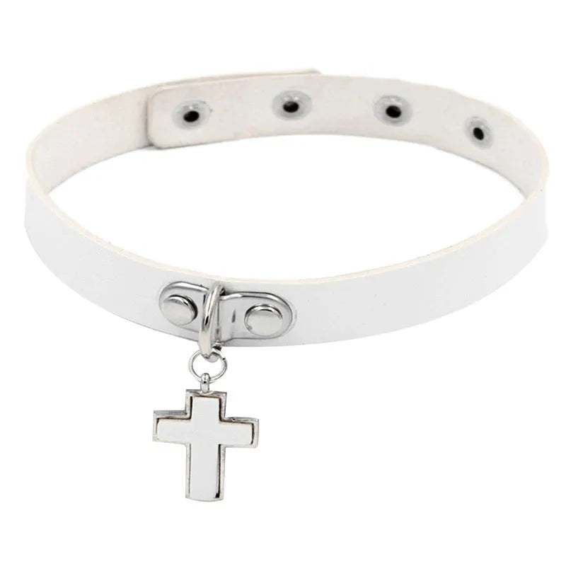 Punk Cross Pu Leather Patchwork Unisex Choker