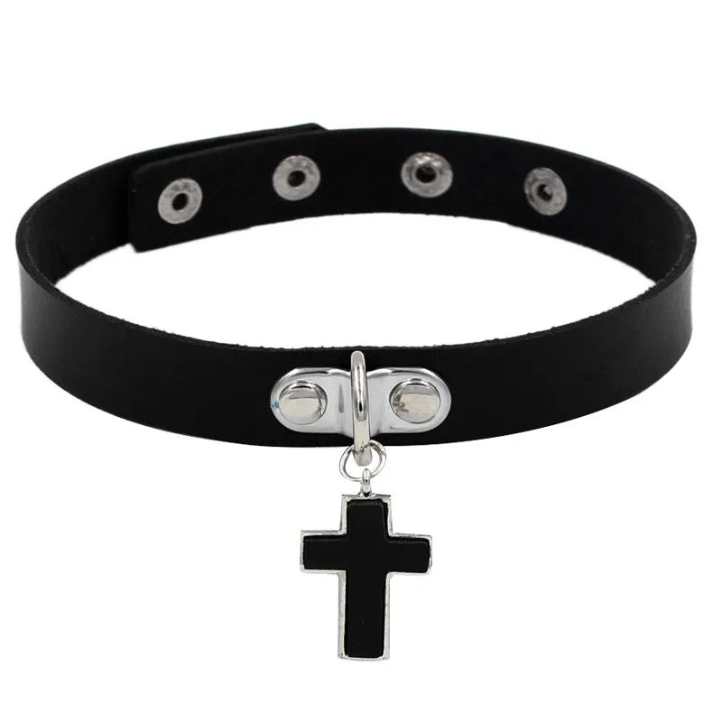 Punk Cross Pu Leather Patchwork Unisex Choker