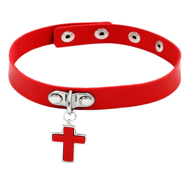 Punk Cross Pu Leather Patchwork Unisex Choker