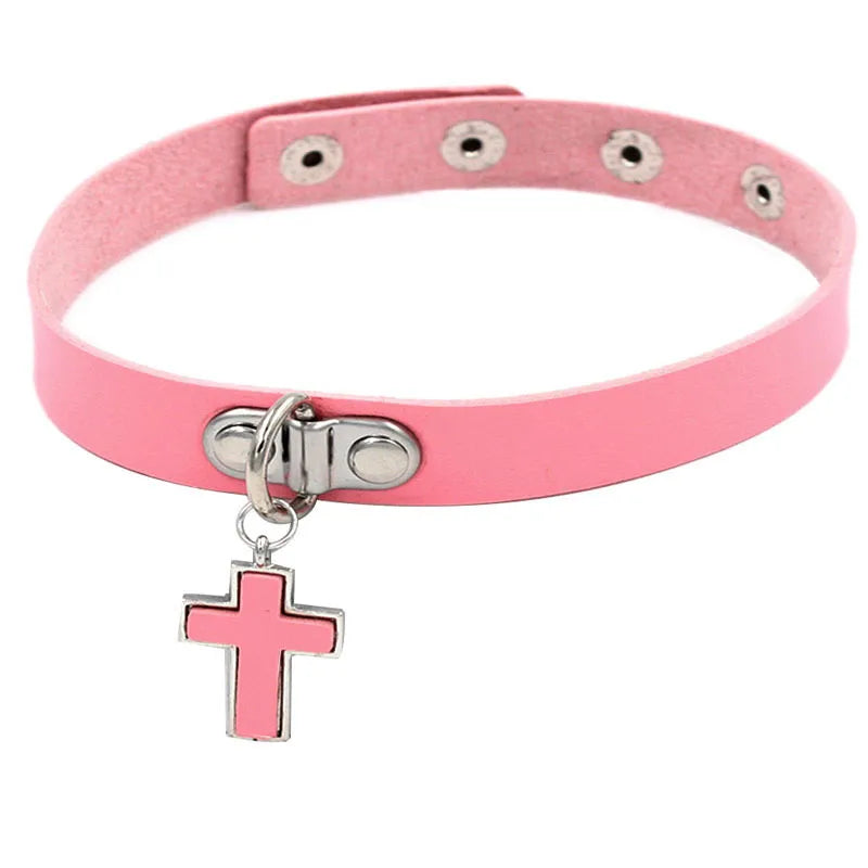 Punk Cross Pu Leather Patchwork Unisex Choker