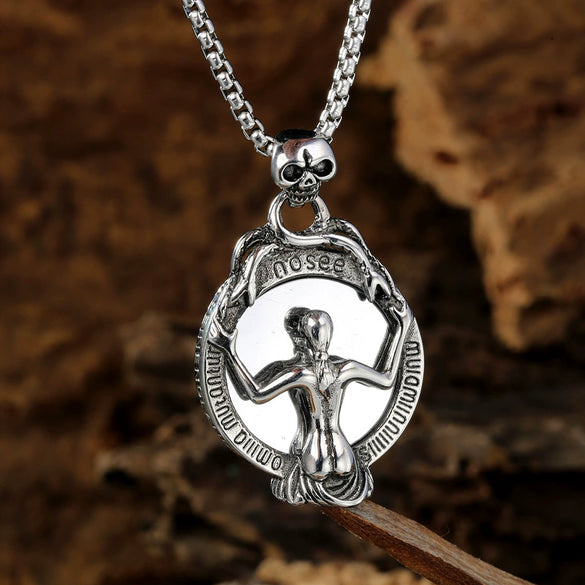 Punk Demon Mirror Pendant Necklace Stainless Steel Skull Geometric Casting