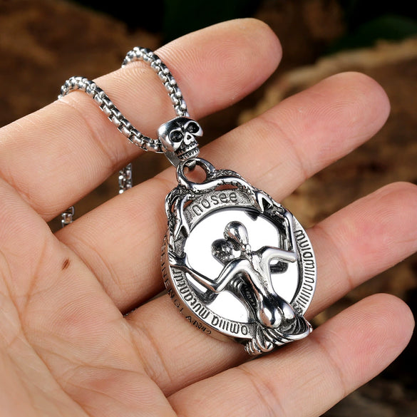 Punk Demon Mirror Pendant Necklace Stainless Steel Skull Geometric Casting
