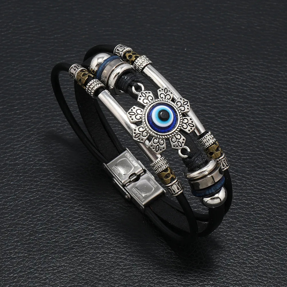 Punk Eye Flower Pu Leather Alloy Braid Men'S Bracelets